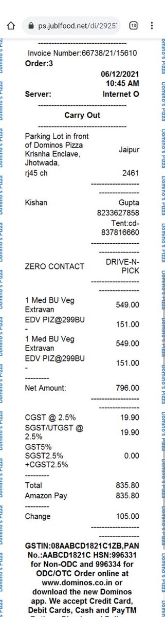 Kishan Gupta (@kishangupta032) on Twitter photo I ordered 2 pizza of amount 838 and payment was deducted of 941. According to invoice I should get refund of 105. Dominos Team refused to give change. I have also attached invoice and payment detail. Please take a look and resolve my issue. <a href="/dominos_india/">dominos_india</a> <a href="/dominos/">Domino's Pizza</a> I ordered 2 pizza of amount 838 and payment was deducted of 941. According to invoice I should get refund of 105. Dominos Team refused to give change. I have also attached invoice and payment detail. Please take a look and resolve my issue. <a href="/dominos_india/">dominos_india</a> <a href="/dominos/">Domino's Pizza</a>