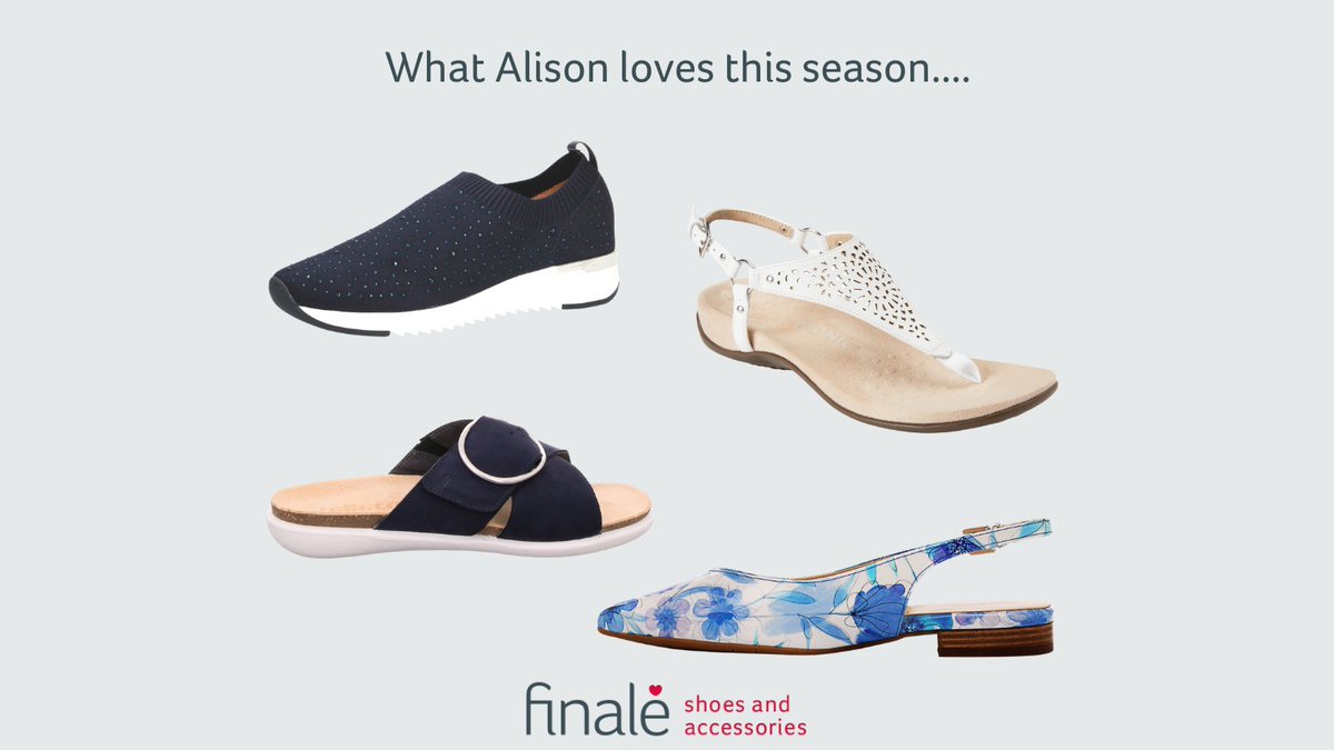 A look at Alison's choices for this season. Two cool and super comfy sandals which are perfect for busy feet, white from Vionic and navy from Legero, a pretty Peter Kaiser print flat style and casual navy slip-on from Caprice finaleshoes.com