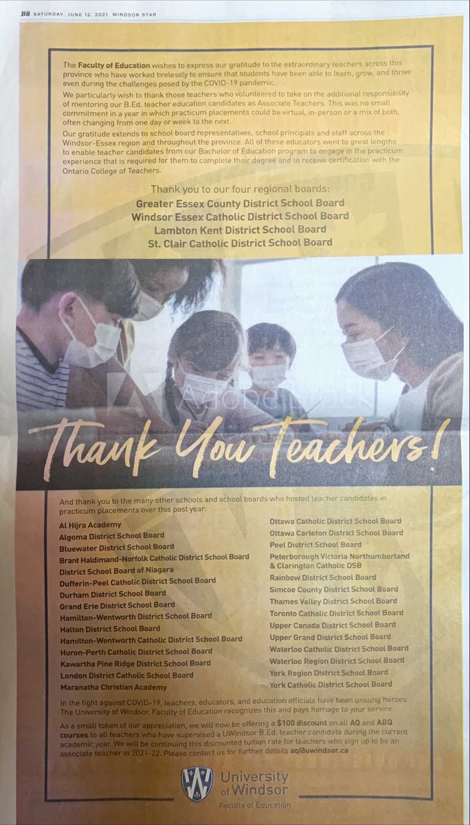 Thank you <a href="/UWindsor/">University of Windsor</a> for the full page appreciation recognizing <a href="/LKDSB/">Lambton Kent DSB</a> staff who worked with teacher candidates through difficult conditions!  We share your thanks to these staff. Our commitment to future educators is valued <a href="/LKDSB/">Lambton Kent DSB</a> as is our partnership with <a href="/UWindsor/">University of Windsor</a>.