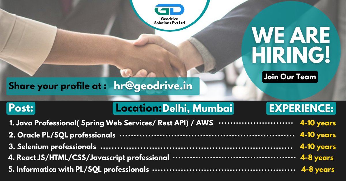 WE ARE HIRING!!!
Join Our Team
Interested Applicants can share profile on : [hr@geodrive.in]
#plsql #sql #oracle #sqlserver #database #javascript #java #python #dataanalytics #it #etl #informationtechnology #qualityanalyst #qatester #qajobs #itjobs #itprogrammingjobs #oraclecloud