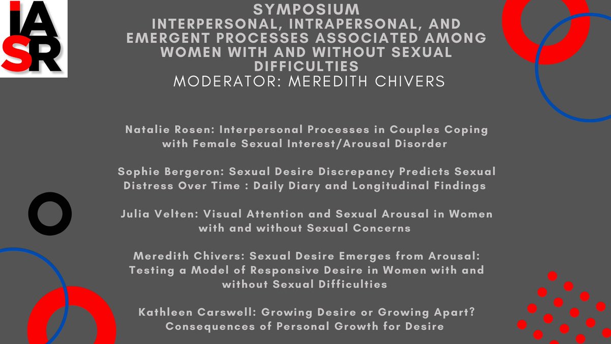 We wanted to take a moment &amp; highlight our symposium speakers. First up is a symposium on women with and without sexual difficulties 🤓

<a href="/DrMLChivers/">Dr. Meredith L. Chivers</a> <a href="/DrNatalieRosen/">Natalie Rosen</a> <a href="/Psychojule/">Dr. Julia Velten</a> and Kathleen Carswell

Whose excited?! We sure are!! #IASR2021 

iasrsite.org/registration