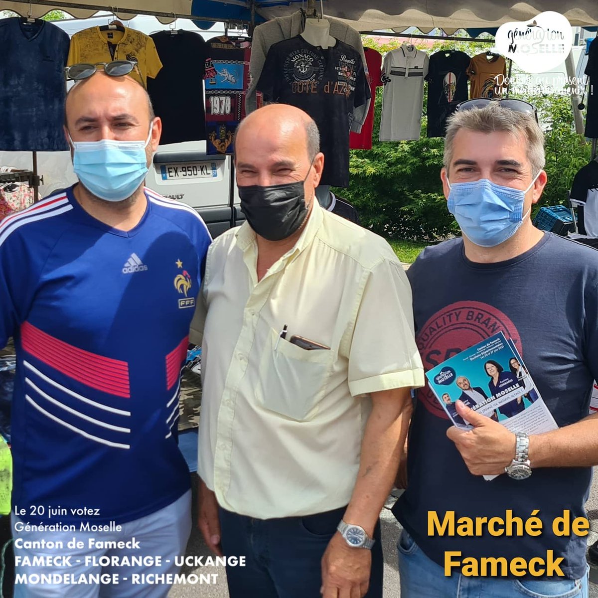 GenerationMosL's tweet photo. Distribution de tracts ce matin au marché de #Fameck. Grégory et Jérôme étaient présents pour parler du programme aux citoyens du canton.

#moselledépartementales2021
#Moselle 
#générationmoselle https://t.co/u7Bo7qijCT