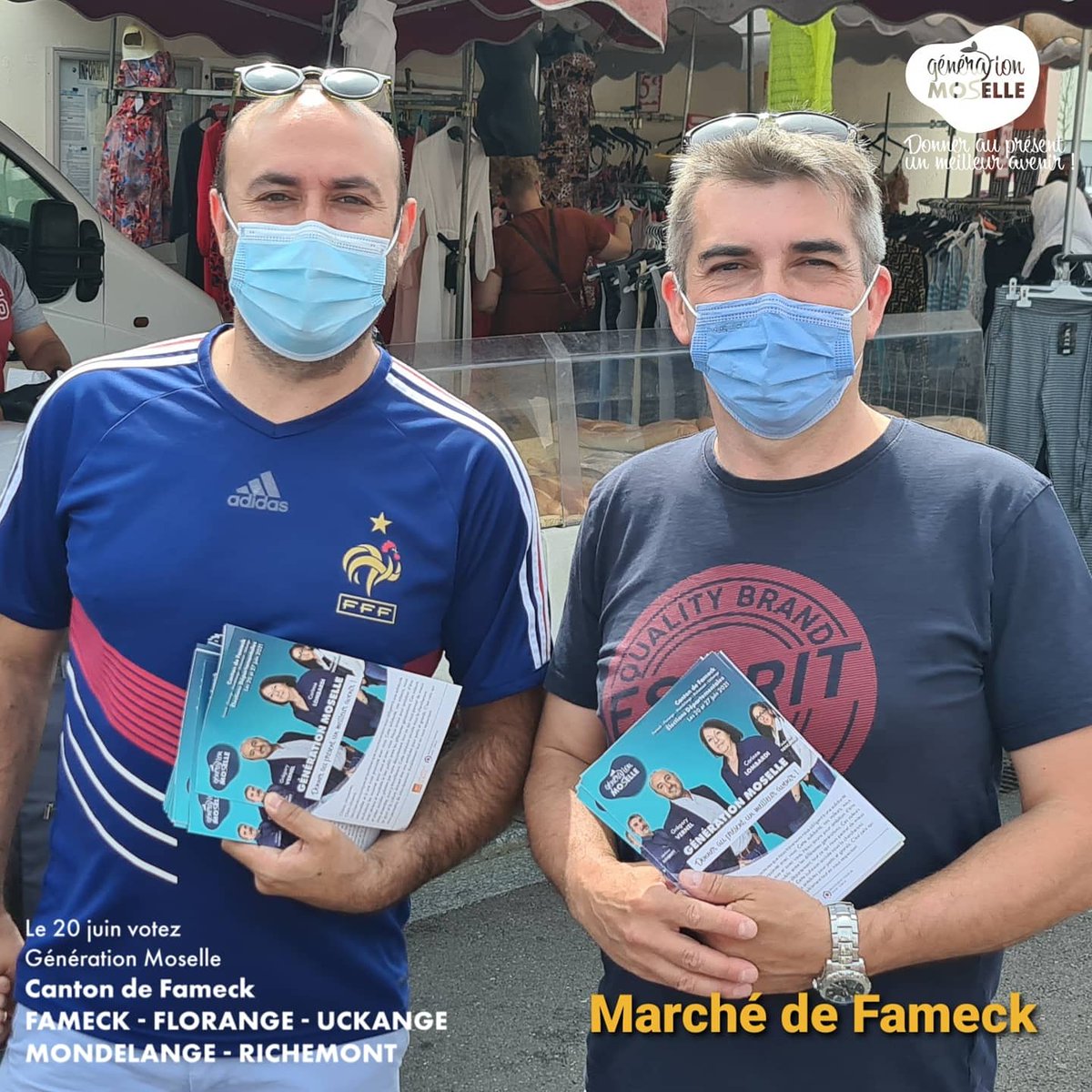 GenerationMosL's tweet photo. Distribution de tracts ce matin au marché de #Fameck. Grégory et Jérôme étaient présents pour parler du programme aux citoyens du canton.

#moselledépartementales2021
#Moselle 
#générationmoselle https://t.co/u7Bo7qijCT
