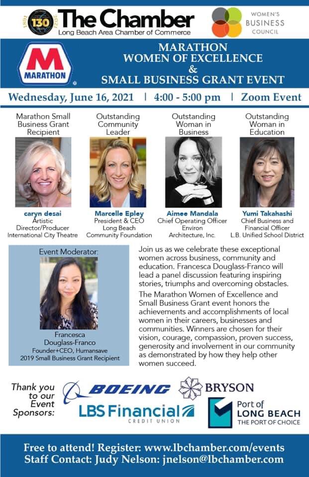 Honored to be selected as the <a href="/TheLBChamber/">Long Beach Area Chamber</a> 2021 Women of Excellence Outstanding Community Leader. They are hosting a virtual event is this Wednesday, June 16, 4pm-5pm. You can register at lbchamber.com/events. Congrats to the other nominees! #community #leadership