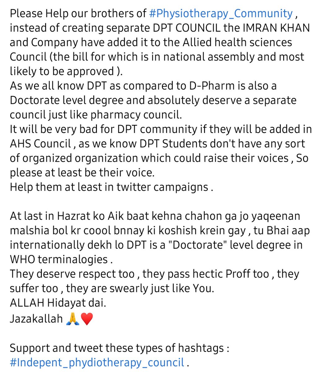 Faisal__Ubaid's tweet photo. We want independent #PakistanPhysiotherapyCouncil 
#ImranKhanPTI 
#ShafqatMahmood 
#shehram khan tarakai
#asadumar 
#fslsultan
#waqarzaka 
#hamidmir https://t.co/KvWRGlMTft