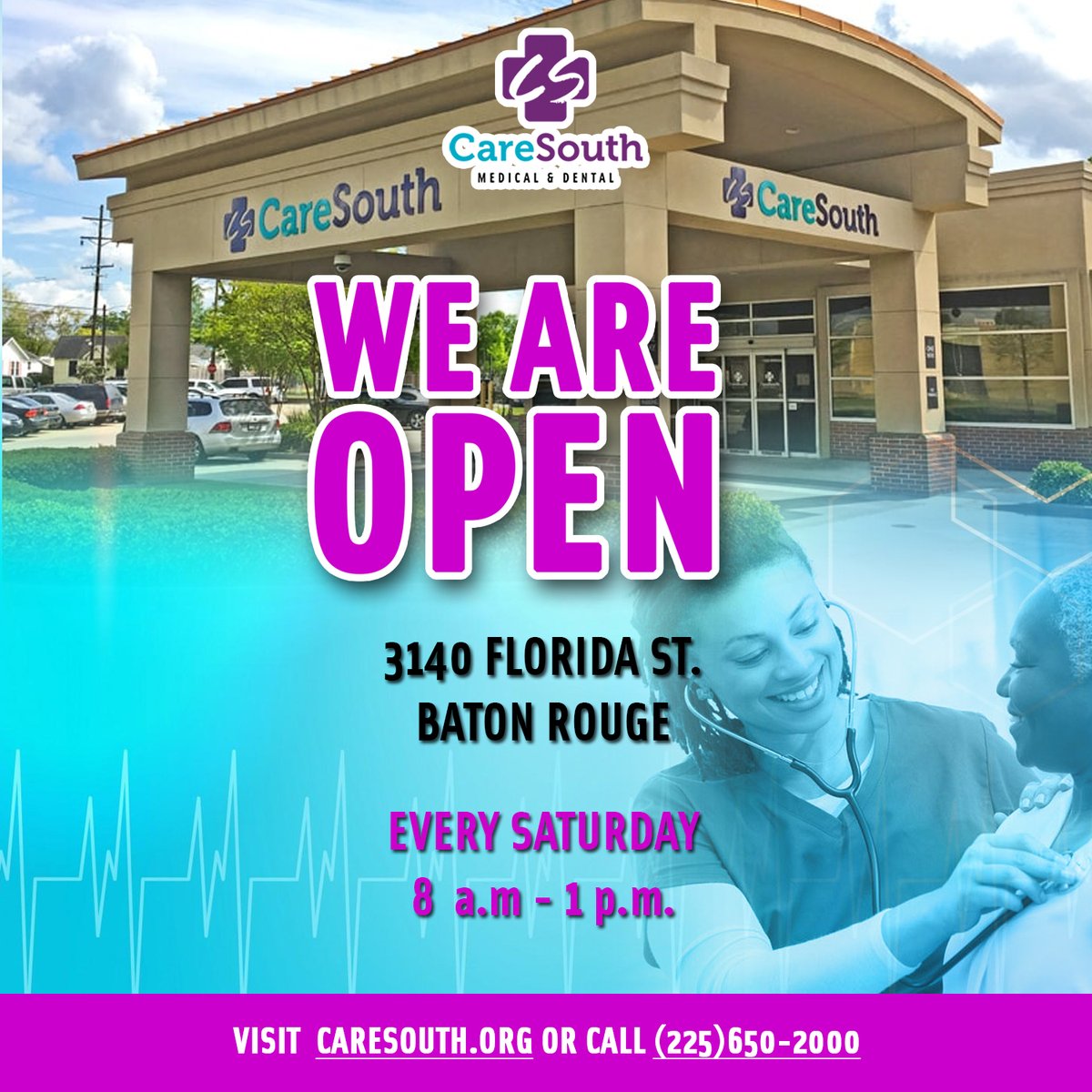 OPEN TODAY - DID YOU KNOW? We’re open every Saturday at our Baton Rouge Clinic from 8 a.m. to 1 p.m.  for all patients! Walk-ins welcome or call for an appointment. (225) 650-2000.  #familyservingfamily #extended hours #opensaturdays