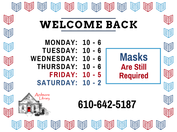 ArdmoreLibrary's tweet image. Masks are still required, but we are back to near-normal services at the library!