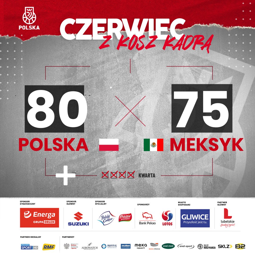 KoszKadra's tweet photo. ⚪🔴 #KoszKadra pokonała Meksyk 80:75 i zagra w niedzielnym finale Energa Cup o godz. 20:30 👏

#DawajPolska 

@EnergaSA #Suzuki @GrupaLOTOS #PolskiCukier @BankPekaoSA @Miasto_Gliwice https://t.co/ZLBH7ZokXZ