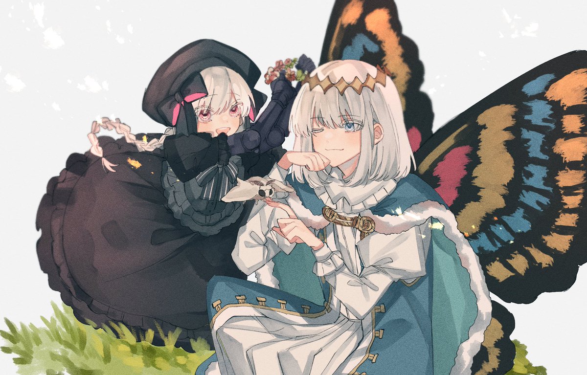 nursery rhyme (fate) ,oberon (fate) 1boy 1girl hat wings white hair dress twin braids  illustration images