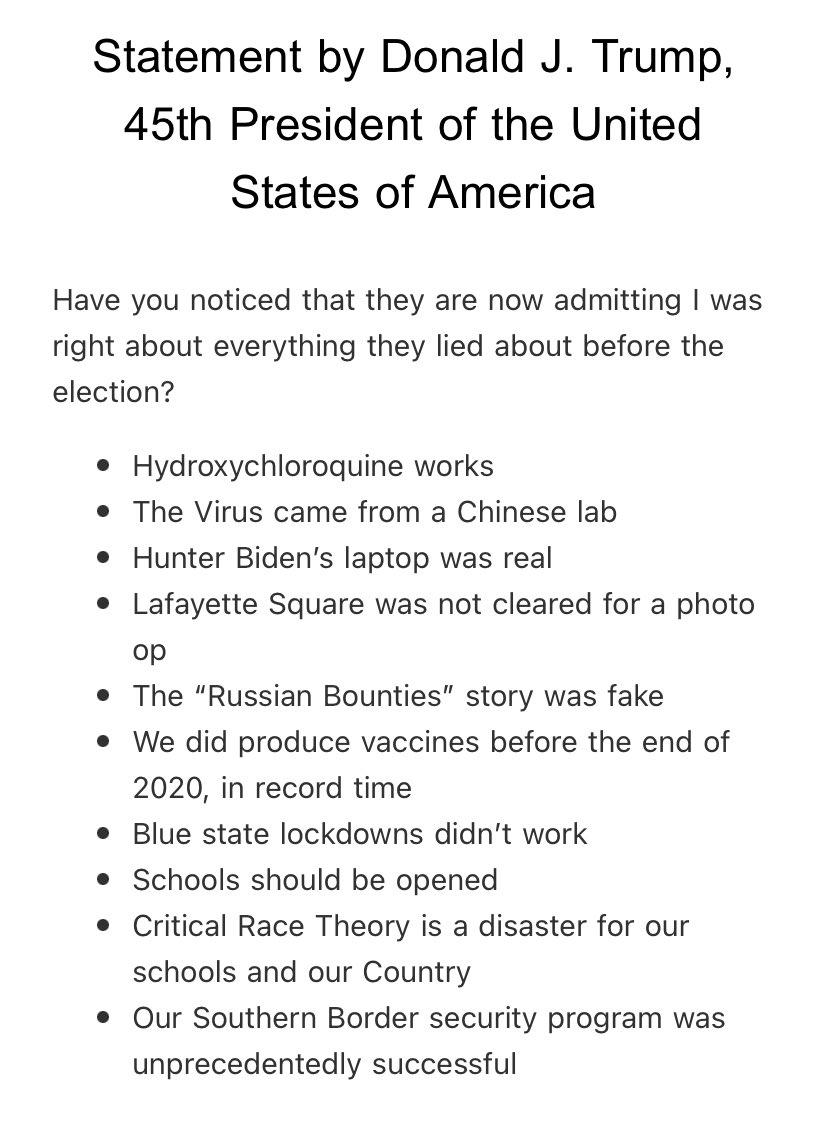 rosapantin1301's tweet image. Trump: se dieron cuenta que ahora admiten que yo estaba en lo cierto? La Hidroxicloroquina funciona, el virus vino de China, la laptop de Hunter Biden era real, los cierres no funcionaron, las historias de intervención de Rusia eran falsas, las escuelas deben estar abiertas etc.