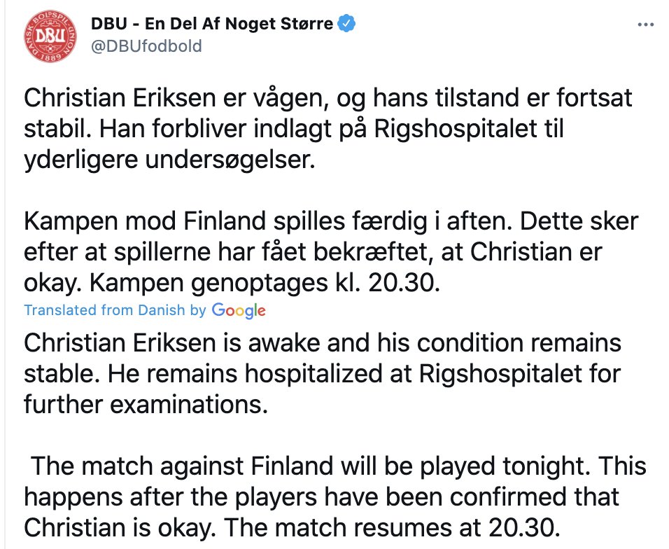 Good news 👇 about <a href="/ChrisEriksen8/">Christian Eriksen</a> 🙏 For players + staff from <a href="/DBUfodbold/">DBU - En Del Af Noget Større</a> <a href="/Palloliitto/">Suomen Palloliitto</a> + stadium/TV spectators: do not underestimate this tragic event ▶️ keep checking your / each other's mental health in next days‼️ Sharing thoughts, feeling, emotions is a sign of STRENGTH 💪