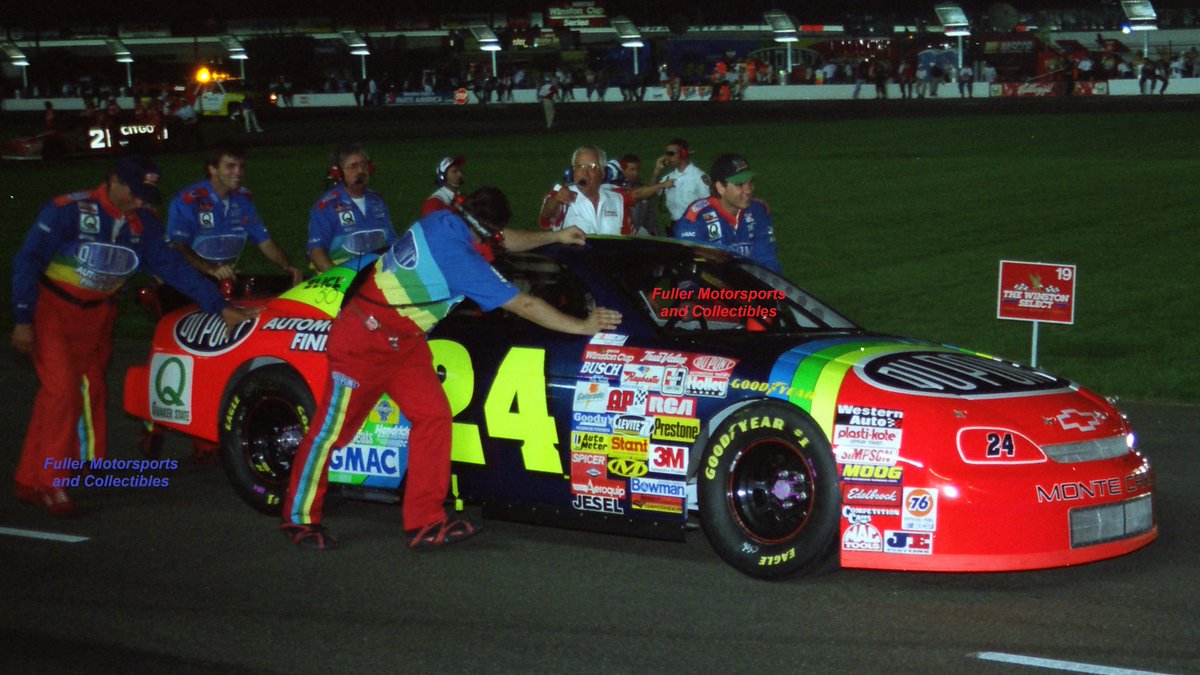 LegendsNascar's tweet photo. Ray Evernham and the #RainbowWarriors lining up Jeff Gordon's car before #TheWinstonSelect All-Star race in 1996 at Charlotte. https://t.co/98QoVOmjlL