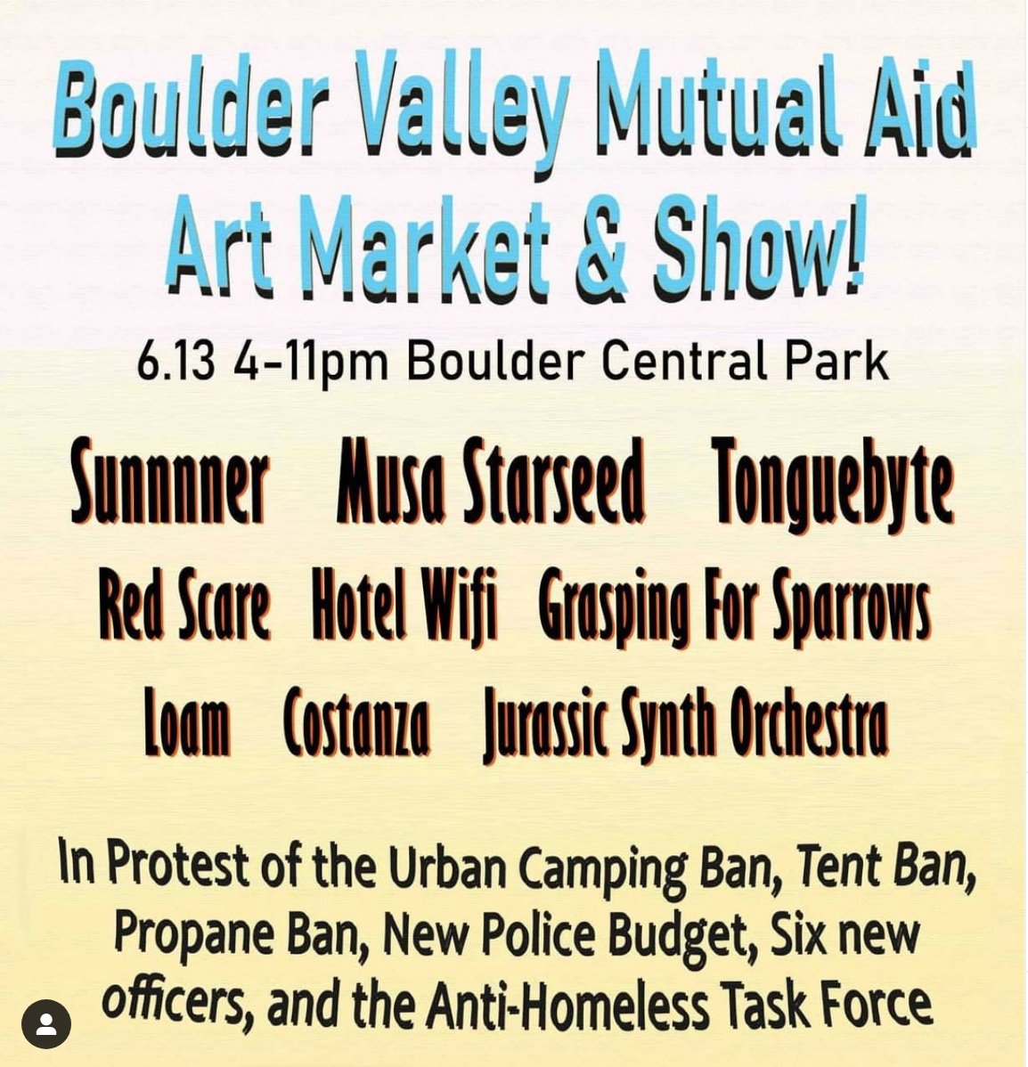 Come out this weekend Sunday 6/13 to protest the City of Boulders treatment of the unhoused and the new police budget with us! There will be free burritos, pierogis, and music!