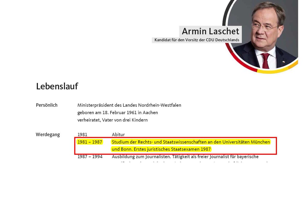 Von der  #CDU-nahen Konrad-Adenauer-Stiftung gefördert absolvierte  #Laschet nach 12 Semestern das 1. juristische Staatsexamen (Schnitt damals: unter 9 Semestern). Das 2. Staatsexamen machte er nicht. Er ist kein Volljurist.4/x