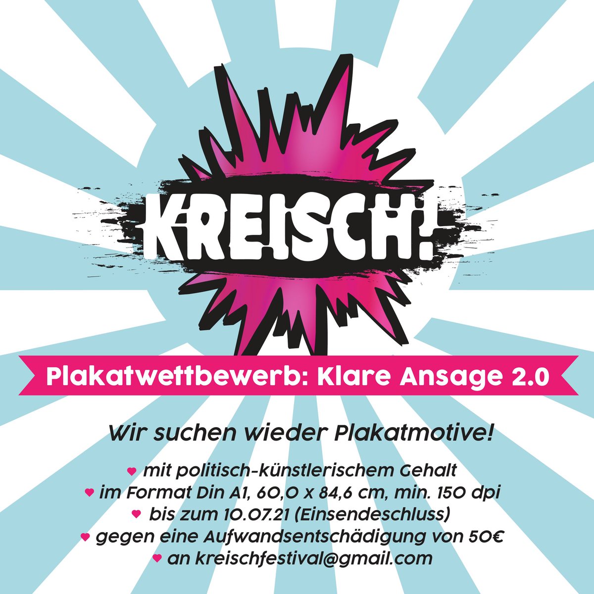 denkodrom's tweet photo. Klare Ansage #2 - Plakatwettbewerb für politische Plakatkunst
Das Kreisch!-Festival sucht Druckvorlagen in A1 - bis 10.7.21
 https://t.co/hEMCvR5WQl https://t.co/3FeJqNt4e8