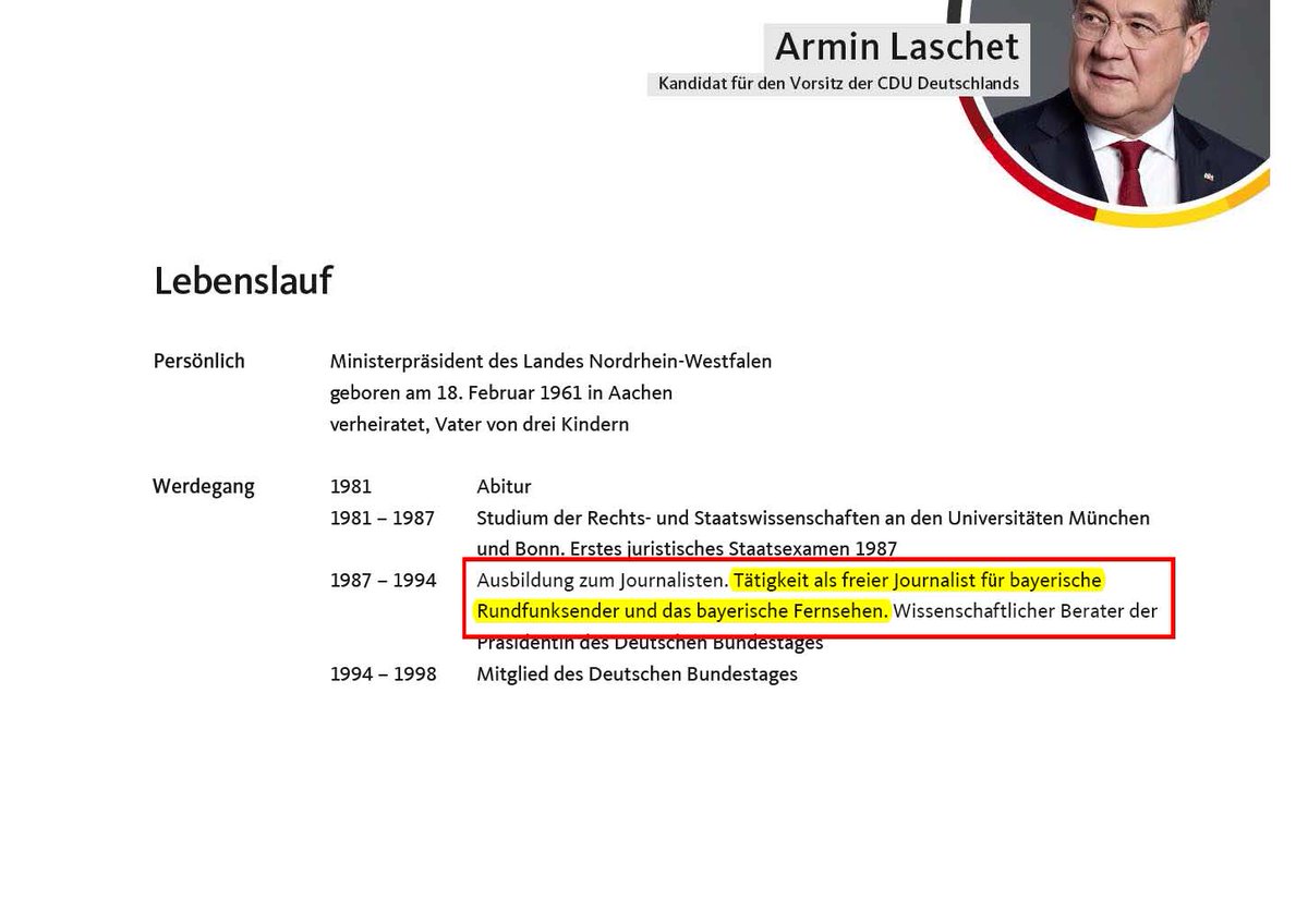 Belegt ist, dass  #Laschet beim Münchener "Gutelaune"-Lokalsender 95.5 Charivari und für Report München tätig war. Bei letzterem war damals Laschets Bundesbruder Heinz-Klaus Mertes Leiter.7/x