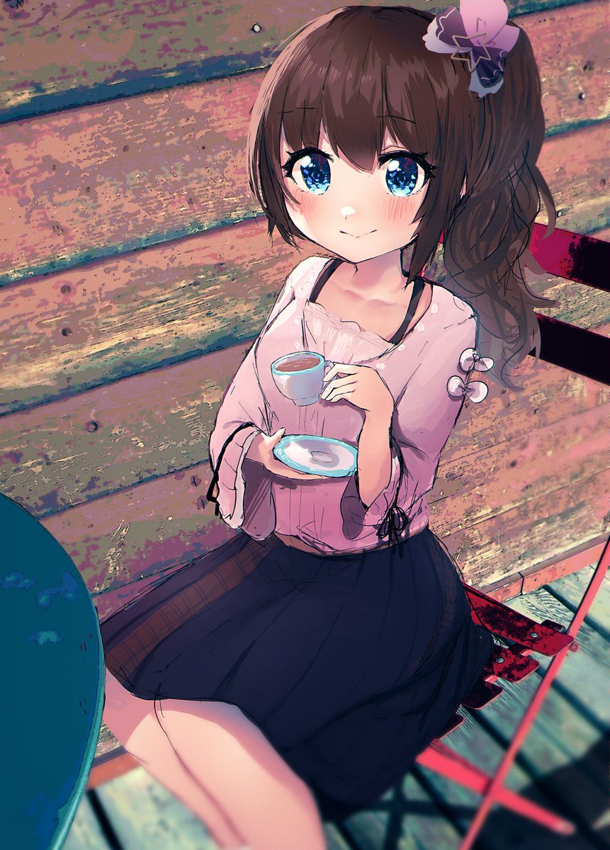 tokino sora 1girl side ponytail blue eyes cup brown hair solo skirt  illustration images