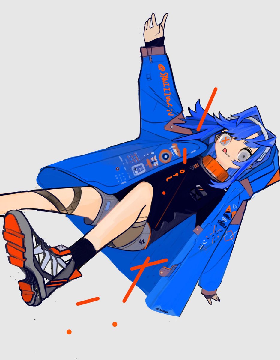 1girl solo blue hair tongue shoes shorts tongue out  illustration images