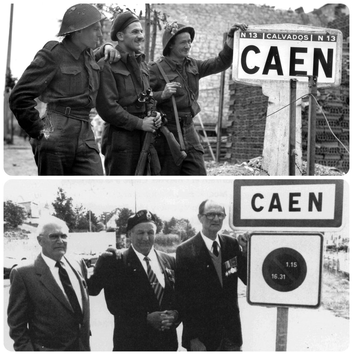 Just seen this wonderful ‘Then & Now’ photo on a FB site. Taken in July 1944 it shows three soldiers from Queen’s Own Rifles of Canada (Bernard Hoo, John McCouville, Roy Kostick) at the entrance of Caen - 1944/1988 #DDay #DDay77 #History