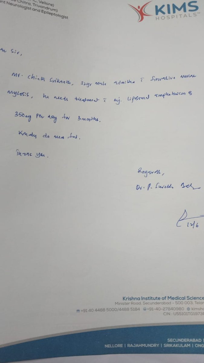 pradeepmudiraj's tweet photo. @KTRTRS sir my colleague Srikanth suffering from black fungus and after operation to his eye, he admitted in Kims hospital. Kims doctors suggested attached injections to give for immediate cure. We got to know these injections available from gov only. Please do the needful. https://t.co/YZkM2xb16Z