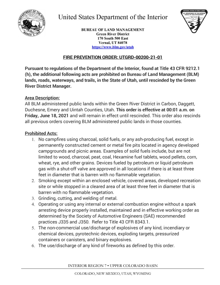 UtahWildfire's tweet image. Stage 1 Fire Restrictions take effect Friday, June 18, on all BLM-administered lands in Carbon, Daggett, Duchesne, Emery and Uintah counties due to ongoing potential for catastrophic wildfires. @BLMUtah #blmgl #fireyear2021