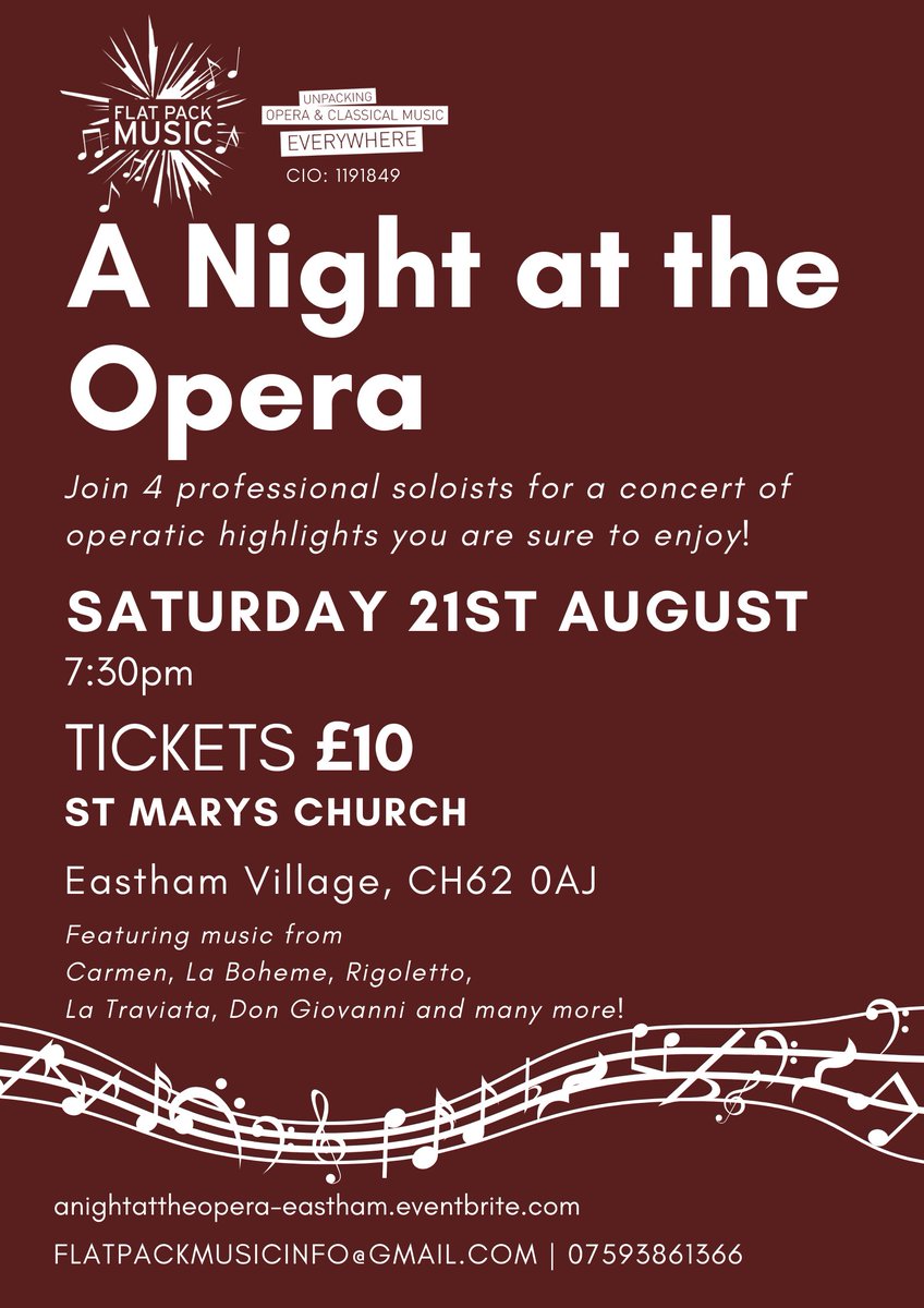 TICKETS AVAILABLE NOW!

Don't miss out on tickets for our first two Opera Gala Concerts!

St Marys Church, Eastham: 21st August

…ightattheopera-eastham.eventbrite.com

Frodsham Community Centre, Frodsham: 28th August

…ghtattheopera-frodsham.eventbrite.com