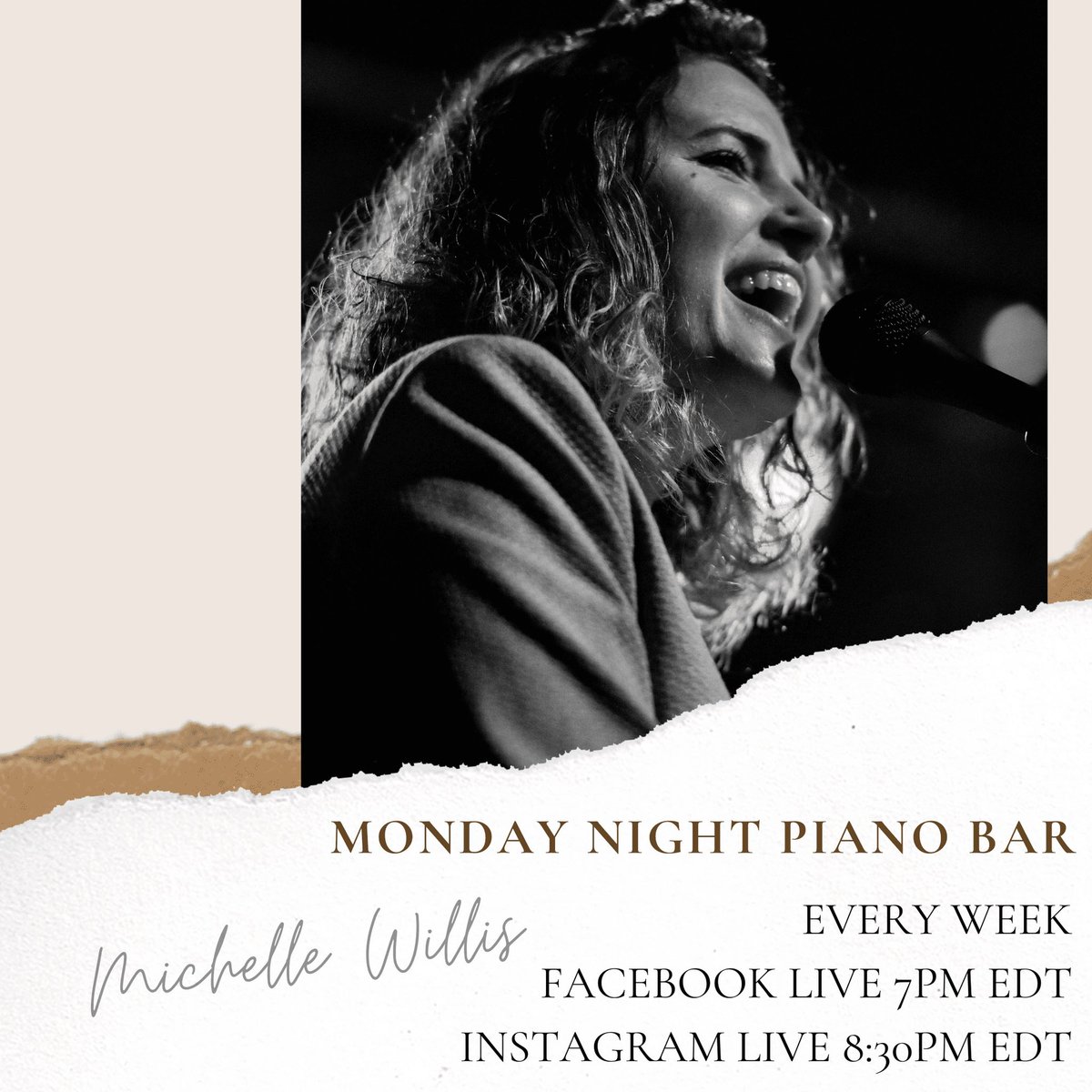 boutwillismusic's tweet photo. Monday Night Piano Bar // CITIES, vol. II - singing songs about the places that hold our stories. See you Monday night, 7pm EDT on Facebook, 8:30pm EDT on IG. #mondaynightpianobar #mnpb #Livestream #michellewillis #songsaboutcities #monday #fblive https://t.co/sZu4B8UduW