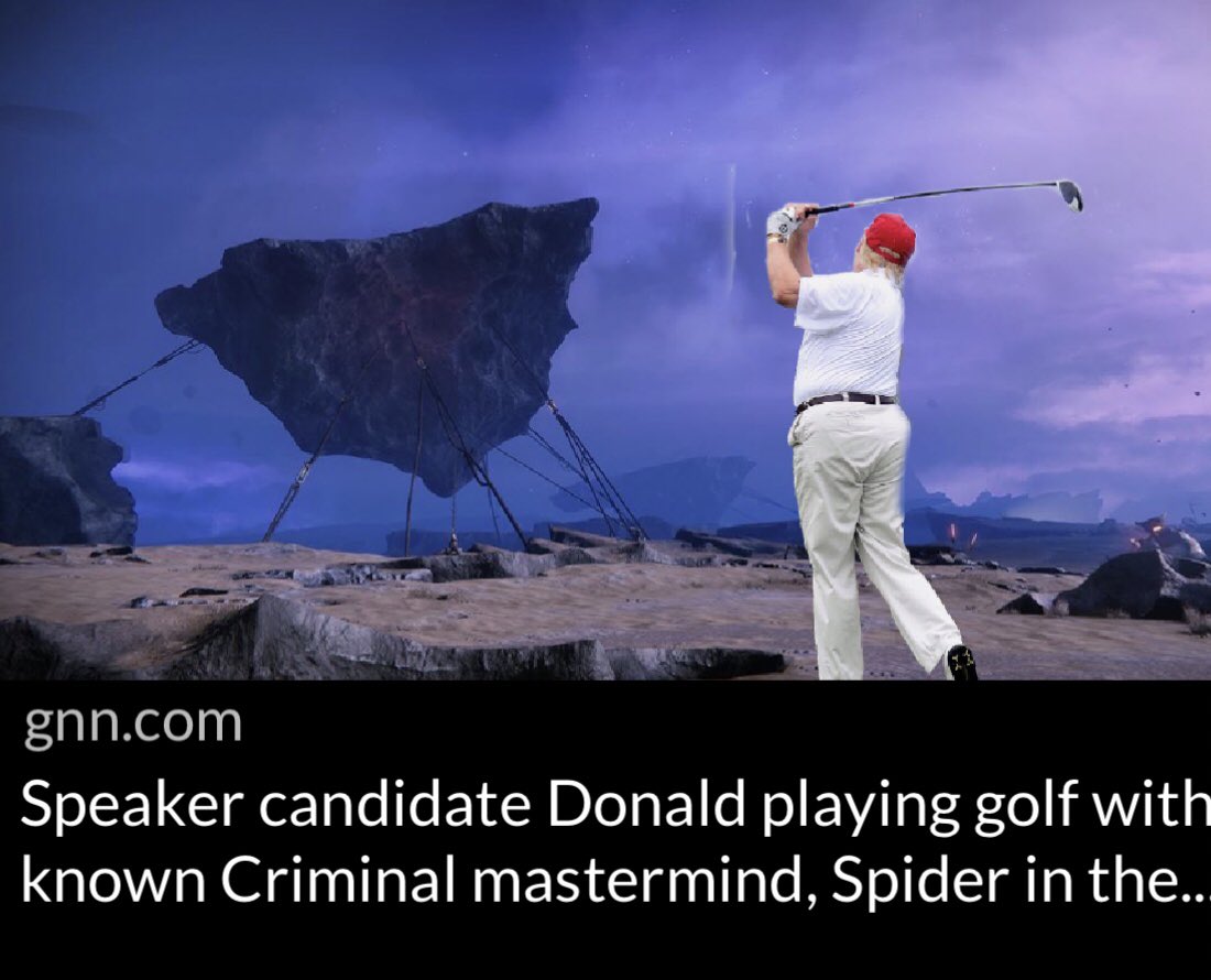 GuardianNewsNe's tweet photo. Speaker candidate Donald playing golf with known criminal mastermind, Spider in tangled shore. https://t.co/7DPjX03okf