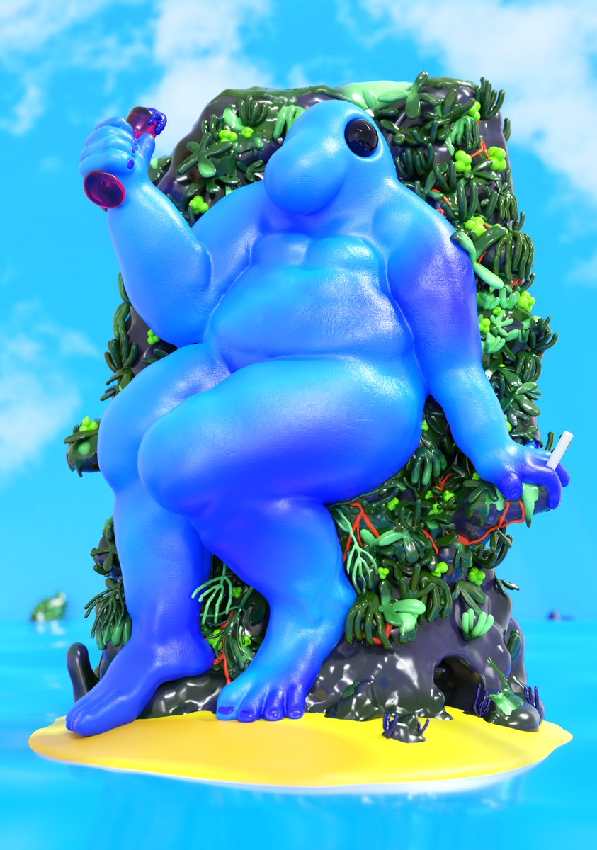 Leisure by ⁦<a href="/yonkonline/">YONK</a>⁩ 🏝🍹

Laying on the beach, drink on the left and cigarette on the right, this giant Botero-looking blob seems to be enjoying the hot girl summer.