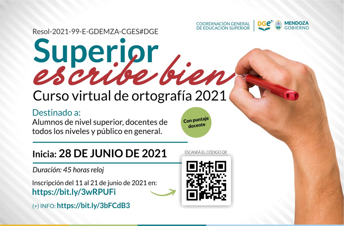 IES9021's tweet photo. ✔SUPERIOR ESCRIBE BIEN.
Curso virtual de ortografía 2021
Destinado a: Alumnos de nivel superior, docentes de todos los niveles y público en general.
Calendario Inicia: 28 DE JUNIO DE 2021
Inscripción del 11 al 21 de junio de 2021 en: https://t.co/0M5u0VRT0h
#CGES #CGESteCapacita https://t.co/3UK2IQPKzZ