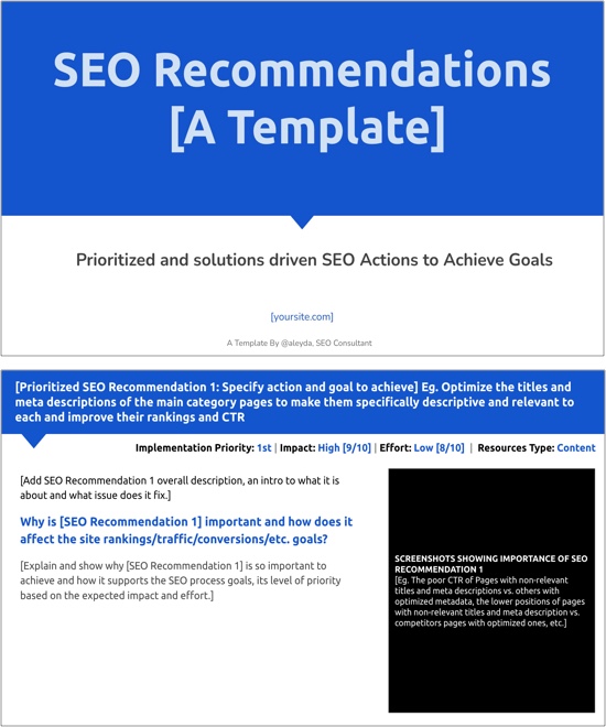 Today I'm sharing two templates to complement your SEO Audit Checklists: 

📊 A Google Sheets SEO Recommendations Prioritization Template
👩🏽‍🏫 A Google Slides SEO Recommendations Presentation Template

They will help you to prioritize &amp; communicate recommendations for execution 👇
