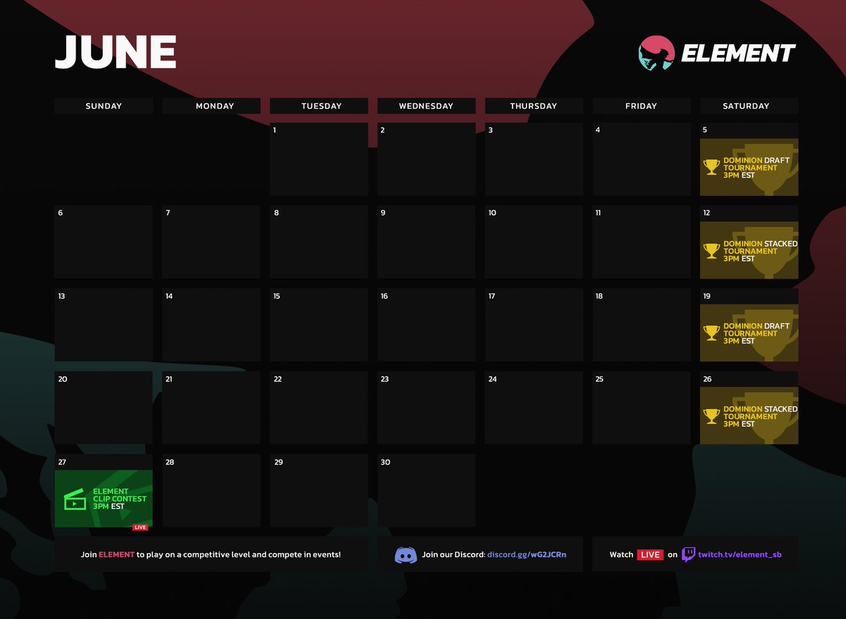 element_sb's tweet image. June's Event Calendar! Join Element to participate in weekly tournaments! discord.gg/wG2JCRn