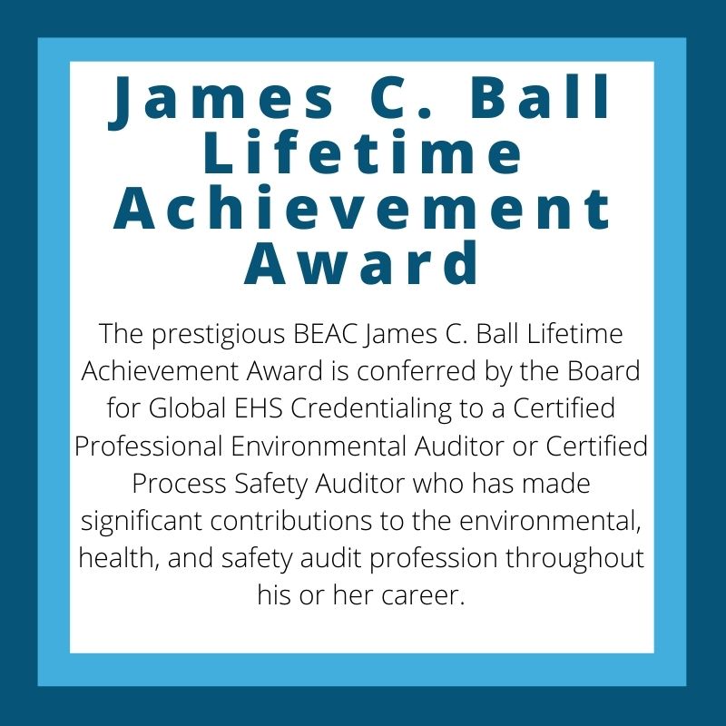Know an outstanding EHS Professional? Nominate them for the James C. Ball Lifetime Achievement Award! Find eligibility guidelines and nomination packets at ow.ly/dIfw50F2uKR. The submission deadline is June 15, 2021. #BGC #IamIH #gamechangingcredentials
