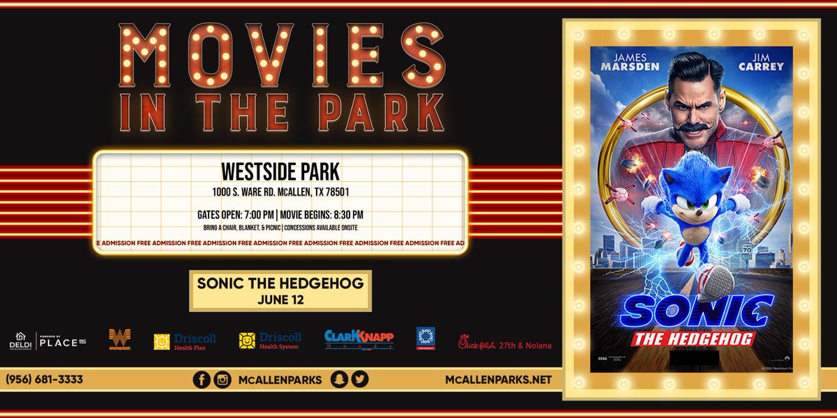 See you tonight for Sonic the Hedgehog! Movie starts at sundown and vendors will be available selling your favorite snacks! Visit with our favorite Sponsors as well! You even have a chance to take a photo in one of the famous Sonic rings!!
#MoviesInThePark #McAllenParks https://t.co/xhxo6xhFRj