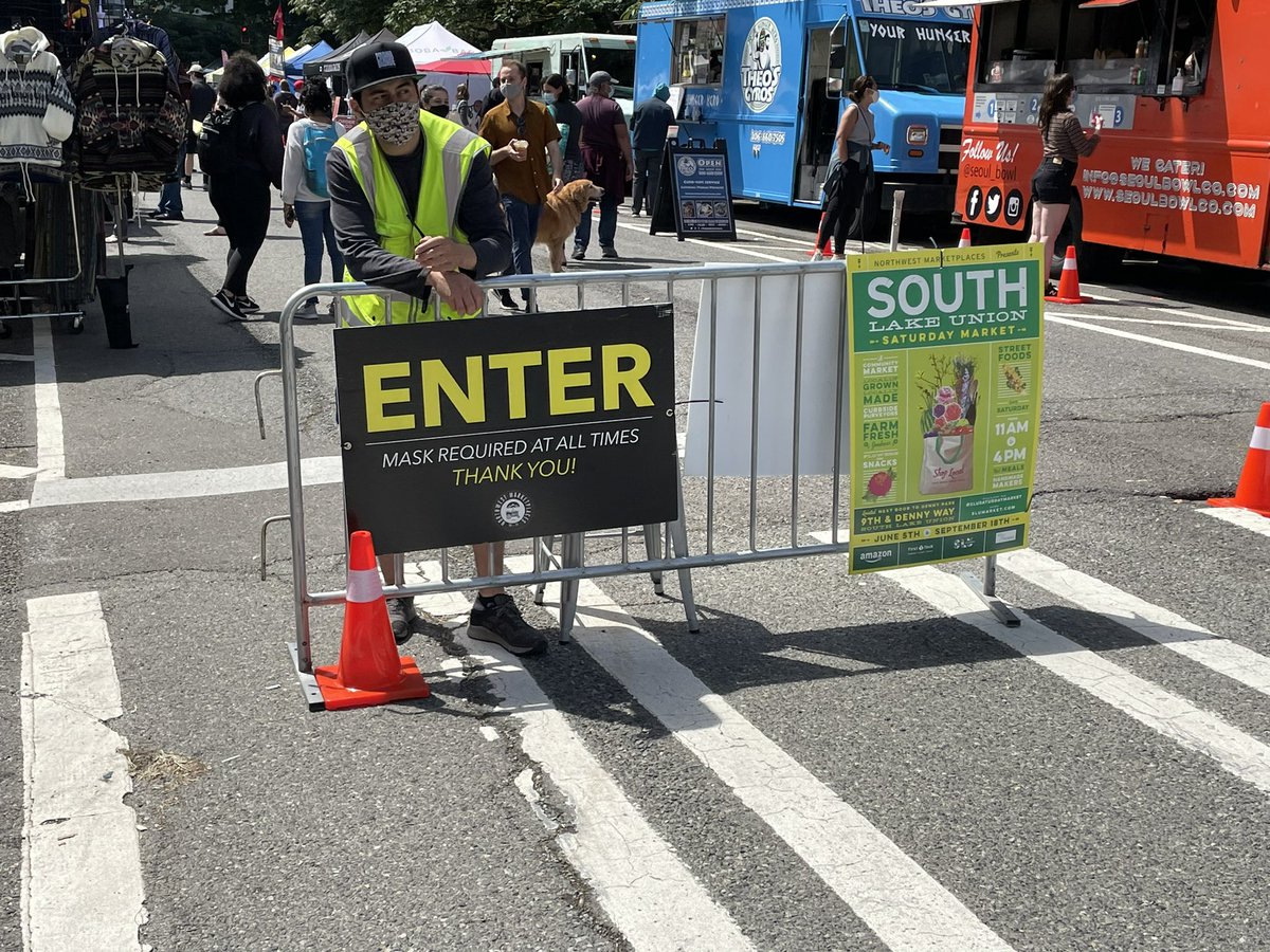 jasonrantz's tweet photo. A mask is “required at all times” for an *outdoor* market in Seattle. 

These people are insane. Why pretend they respect or even understand science? Just call them out or we will never return to normal. https://t.co/50phM6pjGr