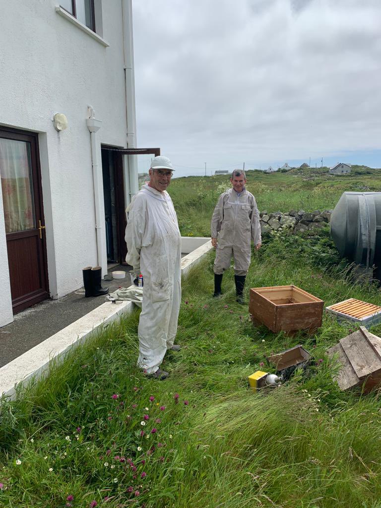 BlackrockH's tweet photo. Meet the beekeepers on Muighinis! A timely first inspection delayed by Covid but just prevented swarming. First find and isolate the queen in a clip cage, then carefully look for queen cells. Lots there, a couple sealed but also open charged queen cells..some even just an egg! https://t.co/Q2ZQGtChaD