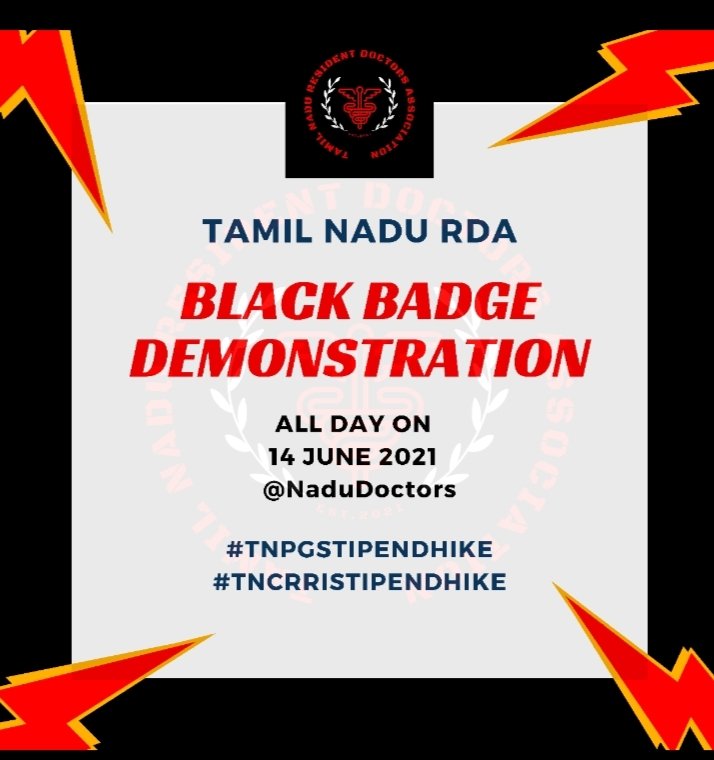 NaduDoctors's tweet photo. Non service PG&amp;CRRI from TN will perform a peaceful demonstration by wearing black badge on 14/6/2021 as an expression of grief, as TN frontline warriors are being paid the least in INDIA.#TNPGSTIPENDHIKE #TNCRRISTIPENDHIKE @Subramanian_ma @CMOTamilnadu @RAKRI1 https://t.co/xuaZ1YYPgv