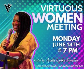 VCMISuitland's tweet photo. Join us Monday, June 14th at 7pm for  our VW meeting. Our mom, Apostle Cynthia Brazelton, will be sharing a word from God that will definitely level up your life! https://t.co/i5TO9awW4R