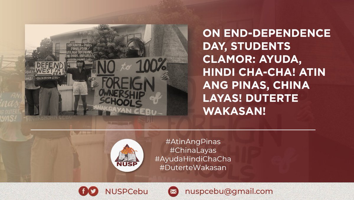 “Duterte’s subservience to foreign powers has subjected our country into extreme debt, further worsening the lives of Filipinos.'

READ MORE: facebook.com/NUSPCebu/posts…

#AtinAngPinas
#ChinaLayas
#DuterteWakasan
#AyudaHindiChaCha
#DefendWestPhilippineSea