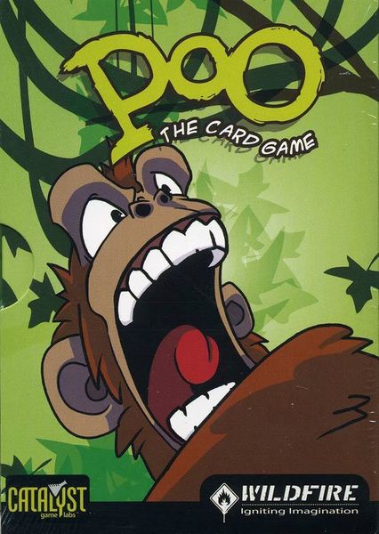 Box cover for "Poo: The card game", which features a screaming monkey and vines on the background
