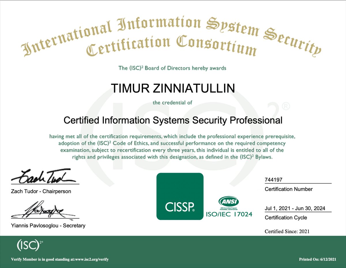 Today I finally got my #CISSP ! It feels great to become a member of <a href="/ISC2/">ISC2</a> after all the effort.
