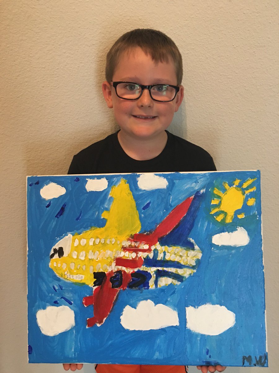 swapapilots's tweet photo. DAL FO Matt Welles has quite the artist in the household! Matthias is so proud that his dad flies for SWA that he painted this Boeing 737 with acrylic paints! Thanks for sending SWAPA these photos, Matt. We love the art! #SWAPAfamily #SouthwestAir https://t.co/KeUI1AX6iH