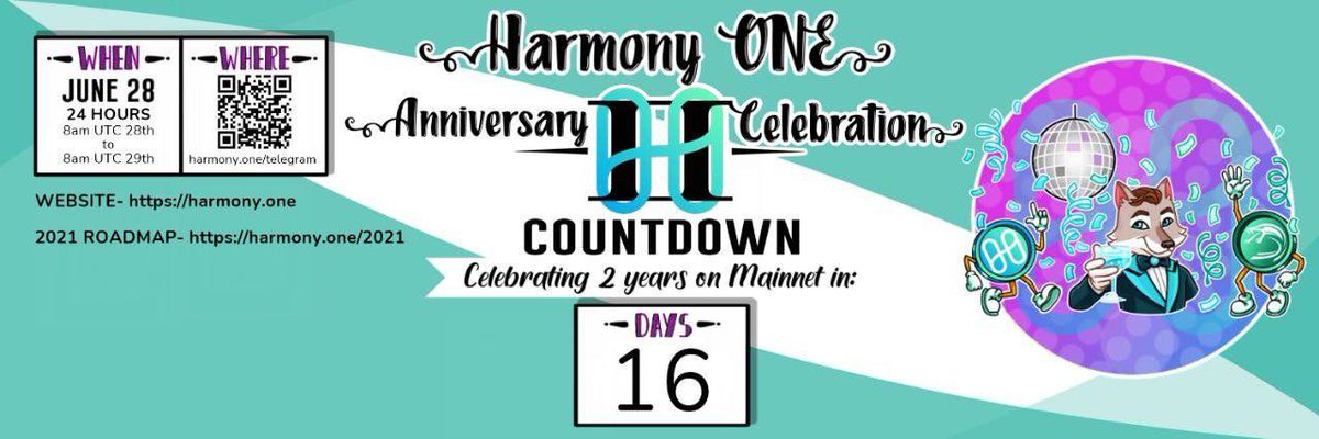 COUNTDOWN: 16 DAYS! You are ALL cordially invited to $ONE of the greatest parties ever! Celebrating the 2 Year anniversary of <a href="/harmonyprotocol/">Harmony 💙</a> mainnet launch with guests, prizes, swag and much more up for grabs. VENUE: t.me/harmony_one #ONE4ALL