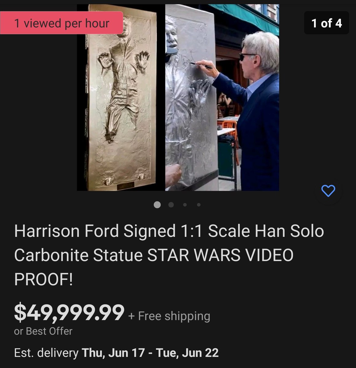 HelloGreedo's tweet photo. if every single one of my followers gave me $2 i could afford to buy this life-size han solo frozen in carbonite autographed by harrison ford but i wouldnt buy it id probably buy a 2022 subaru outback and travel to some cool places https://t.co/8HG90Skxzs