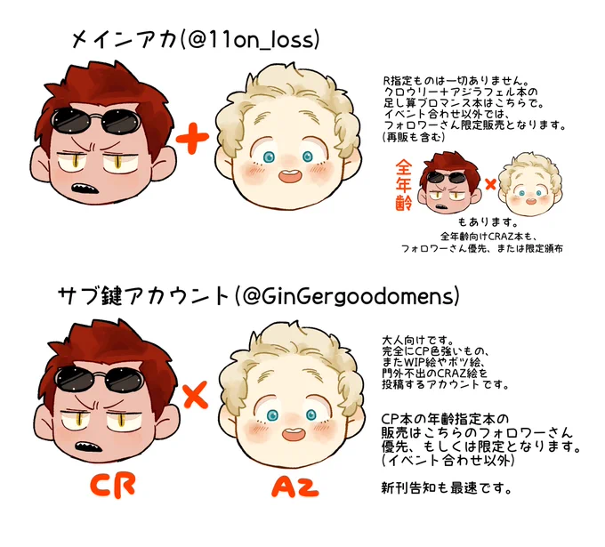 フォロワーさんが増えましたので簡易的なご説明と、今後の活動方針をまとめました。創作傾向はアカウントを分けています。ご参考にしてください。(表記してありますが、新刊や再販は、イベント合わせ以外ではフォロワーさん優先、または限定となります。ご了承ください) 