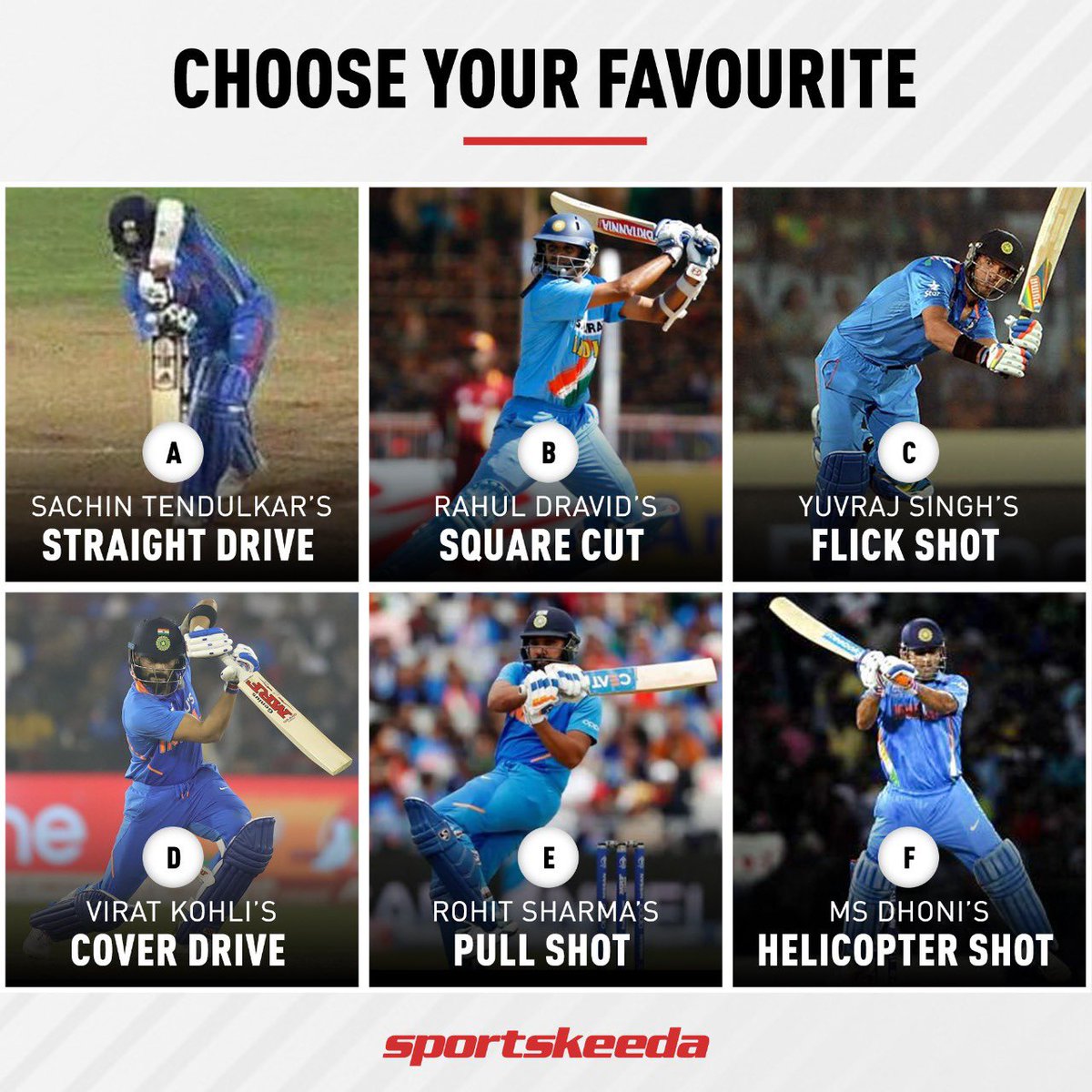 Sportskeeda's tweet photo. Which one’s your favourite? ����🤔

#SachinTendulkar #RahulDravid #YuvrajSingh #ViratKohli #RohitSharma #MSDhoni #India https://t.co/Baaqwhteko