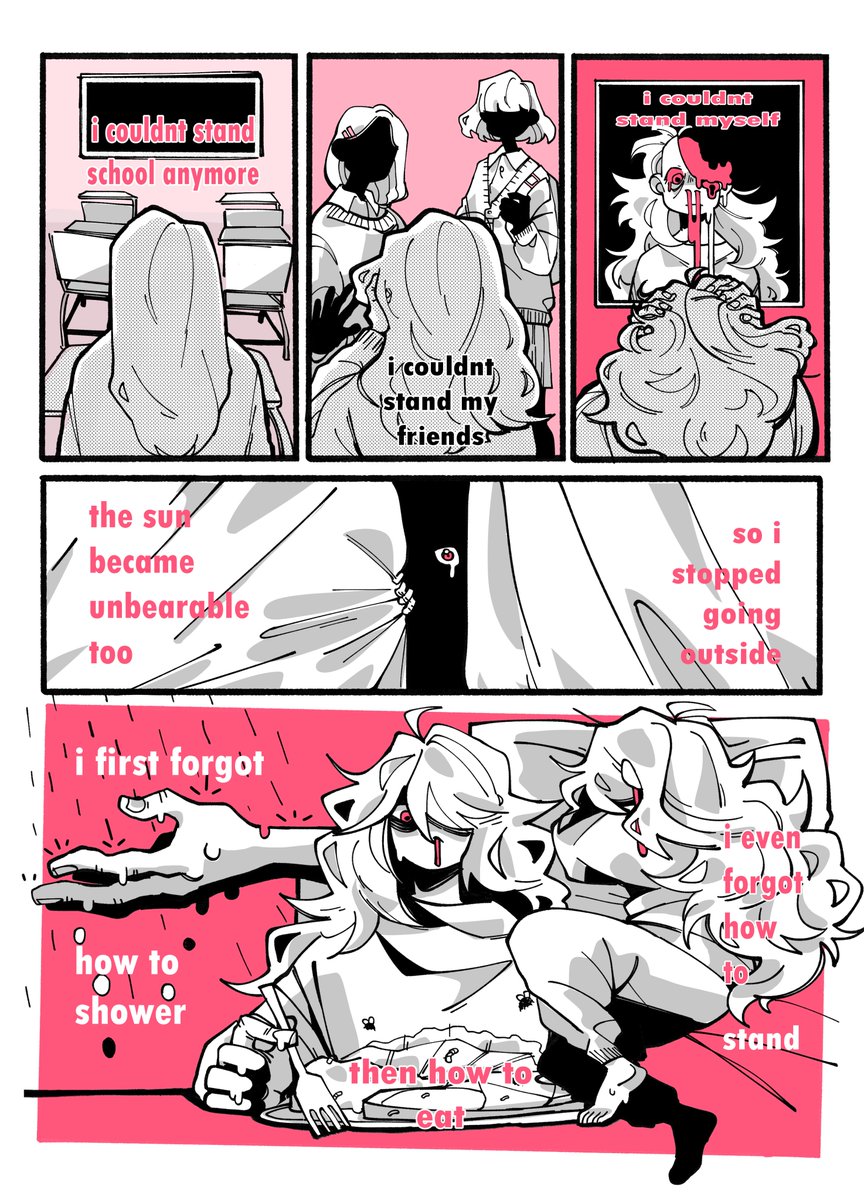 i am a bit shy about it cause i feel like the text itself is kinda wonky but here! 
comic i made for school based on a song called people-vulture, 