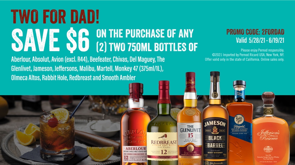 Two for Dad! Save $6 when you purchase any of the two bottles listed above (750 ml).

#fathersday #father #whisky #redbreast #glenlivet #Jameson #aberlour #absolut #avion #chivas