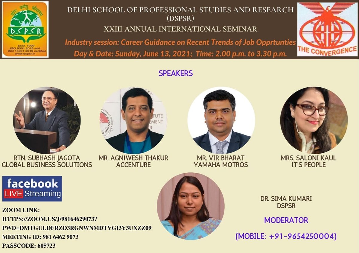 DSPSR_Official's tweet photo. #DSPSR is organising an #IndustrySession on Career Guidance on Recent Trends of Job Opportunities
Date: June 13, 2021
Time: 02:00 p.m. - 03:30 p.m.
ZOOM Link:
https://t.co/0yYUSAwTcg
Meeting ID: 981 6462 9073
Passcode: 605723
For any query contact the Moderator on 9654250004 https://t.co/LRoACbTIgE