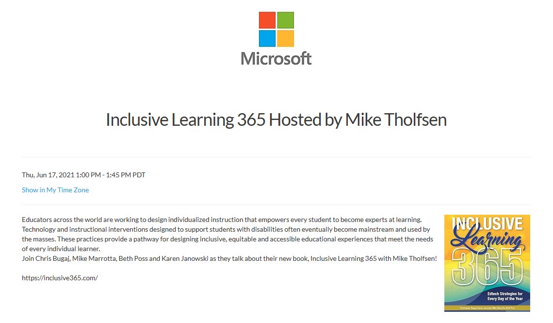 mtholfsen's tweet image. Excited to be hosting the &quot;Inclusive Learning 365&quot; webinar w/ AssistiveTech experts &amp;amp; co-authors Chris Bugaj, Karen Janowski, Mike Marotta &amp;amp; Beth Poss. 

📅 June 17th @ 1:00pm PST
🔗Register: register.gotowebinar.com/register/83473…

#edtech #MIEExpert #accessibility #a11y #dyslexia #MicrosoftEDU